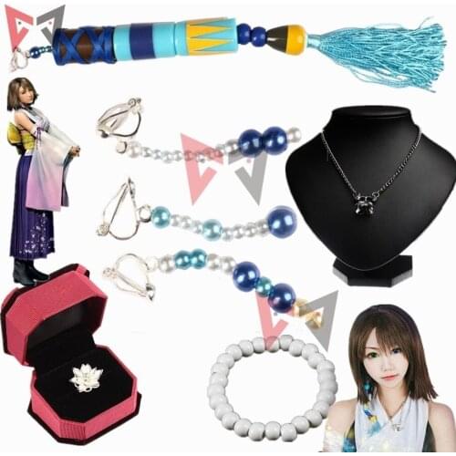 Final Fantasy Ten Yuna Cosplay accessories clip earrings Bell pendant necklace bracelet flower ring set fancy fashion jewelry
