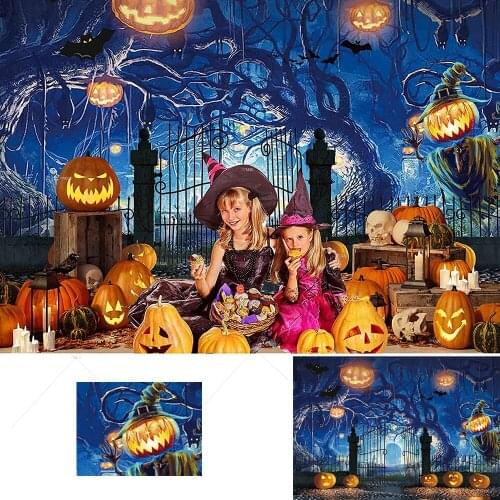 Happy Halloween Party Backdrop Horror Pumpkin Lantern Haunted Cemetery Bat Fence Photography Background Photo Studio Props
