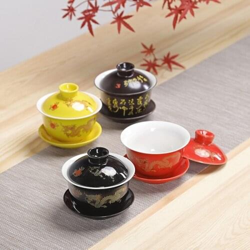 Chinese ceramic kungfu tea set cover bowl black glaze golden dragon tea making cup tureen teaware 2pcs