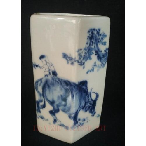 YIZHU CULTUER ART Collection Old China Porcelain Painting Lad Ride Cow Brush Pot Family Decoration