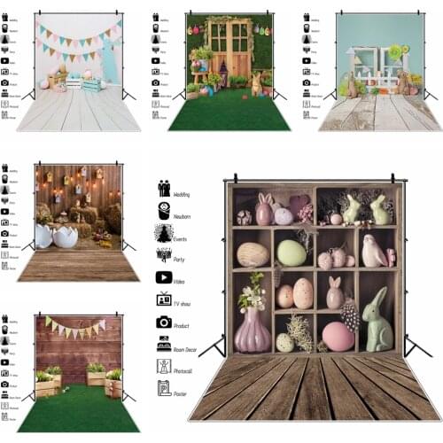 Laeacco Easter Backdrops Wood Shelf Rabbit Easter Eggs Flag Grass Baby Newborn Portrait Photography Backgrounds For Photo Studio