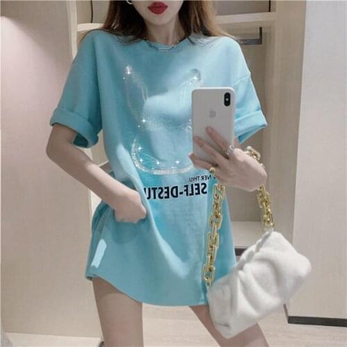 2021 Summer New Versatile Casual Mid-Length Loose Short-Sleeved T-shirt Korean Style Top BF Internet Celebrity Women