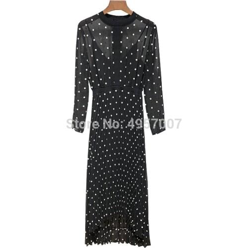 ElfStyle Small Flower Embroidery Long Sleeve Asymmetric Midi Dress With Slip - Black Color Contrast Embroideried Flower Dress