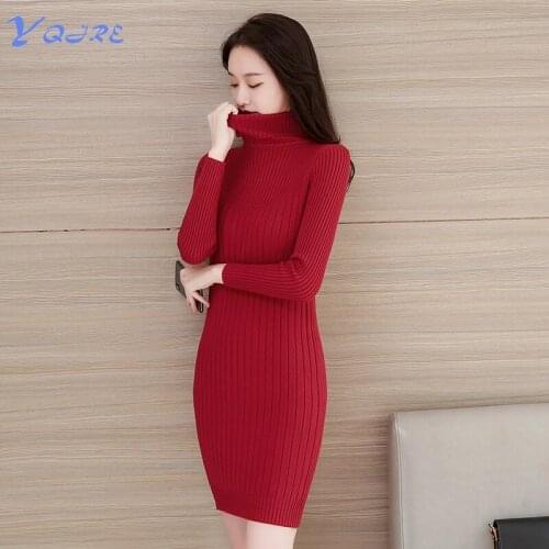 YQJRE New Autumn And Winter Womens Elasticity Tight Sexy Long Sleeve Short Skirt Pencil High Neck Mini Club Base Knit Dress