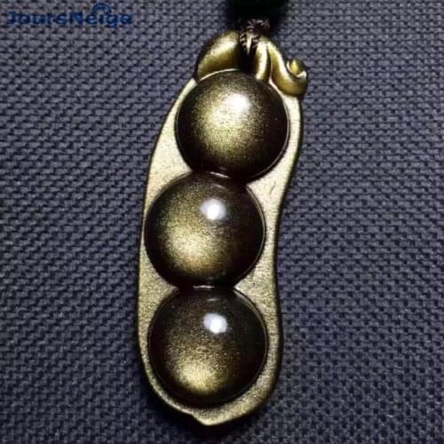 Wholesale Gold Black Natural Obsidian Stone Necklace Blessing Four Seasons Bean Pendant Lucky Women Men Sweater Chain Jewelry