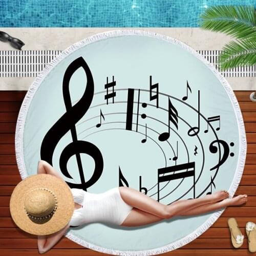 Microfiber Round Beach Towel for Adults Summer Toalla Tassel Yoga Mat Music Note Printed Serviette De Plage 150cm