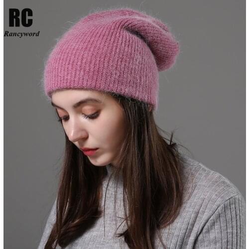 [Rancyword] Women Winter Hats Beanies Knitting Rabbit Wool Fur Hat Female Real Fur Skullies Caps Gorros Solid Color RC2076