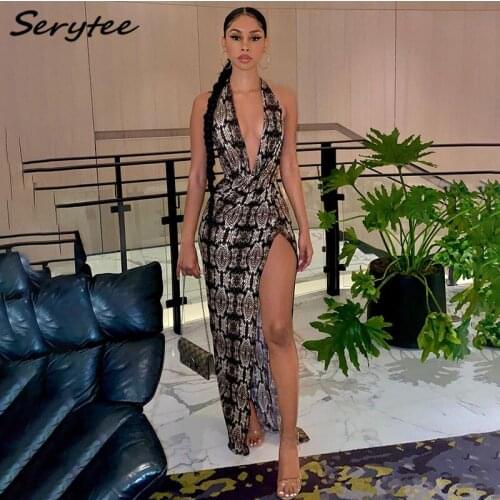 Serytee Sexy Deep V Neck Snake Print Evening Festival Party Long Dress Women 2021 Backless High Split Elegant Boho Maxi Dresses