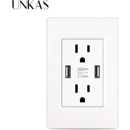 UNKAS White Black Plastic 2 US Power Socket 15A With Dual USB Port Charger For Phone Japan America Canada Mexico 118mm Outlet