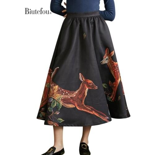 2021 Autumn Women Art Original Design Hand-Painted Fawn Cotton High Waist Elastic Skirt
