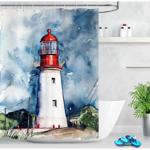 Watercolor Retro Lighthouse Shower Curtain Set Bathroom Fabric Bath Curtains