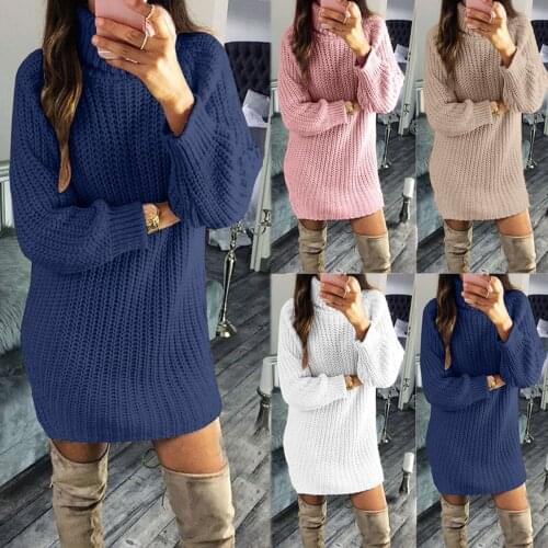 Women Turtleneck Oversized Knitted Dress Autumn Solid Long Sleeve Casual Elegant Mini Sweater Dress Plus Size Winter Clothes