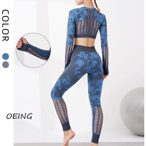 Yoga Set Print Long Sleeve Lounge Wear Set 2021 Hollow Out Workout Clothes for Women 2 Piece Set Women
