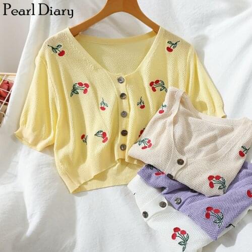 Pearl Diary Women Knitted Crop Cardigan Top Cherry Embroidery Button Front Placket V Neck Sweet Knitted Tops Puff Sleeve Summer