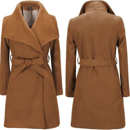 Autumn and Winter Brand New Womens Mid-Length Wool Blends Overcoat Casual Solid Bandage Stylish High Street Slim Jacket Coat