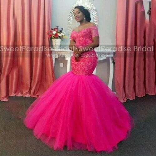 Hot Pink Lace Evening Dress With Appliques Short Sleeves 2020 Puffy Mermaid Long Off Shoulder Prom Dresses Party Gown Vestidos