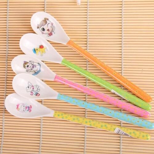 2 Pcs Safe Kawaii Melamine Cartoon Animal Baby Kids Feeding Spoon Childrens Long Soup Coffee Spoon Dinnerware