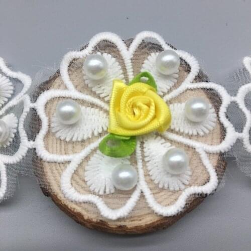 30pcs Yellow Chiffon Rose Flower Pearl Embroidered Fabric Lace Trim Ribbon Handmade DIY Sewing Supplies Craft For Costume Decor