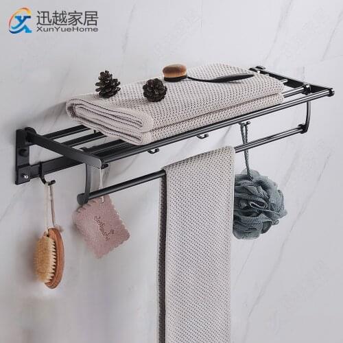 Towel Rack Double-Layer Shower Holder Bathroom Accessories Fold Wall Organizer Hook Hanger Matte Black Aluminum Storage Shelf