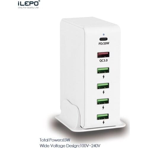 ILEPO 65W 6 USB Fast Charger QC3.0 PD3.0 20W USB C Charger For iPhone 12 11 max Pro Type C Fast Charging with Cable Phone Charge