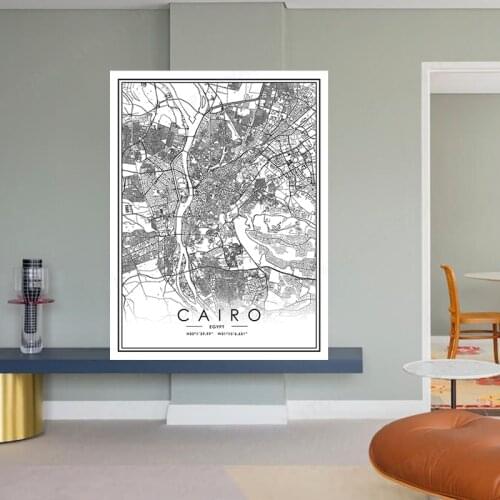 Black And White World City Map CAIRO Wall Art Canvas Poster Prints Nordic Style Paintings Picture For Living Room