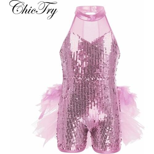 4-10 Years Kids Girls Children Sleeveless Mock Neck Sequins Jazz Latin Ballet Dance Performance Costume Leotard Jumpsuit
