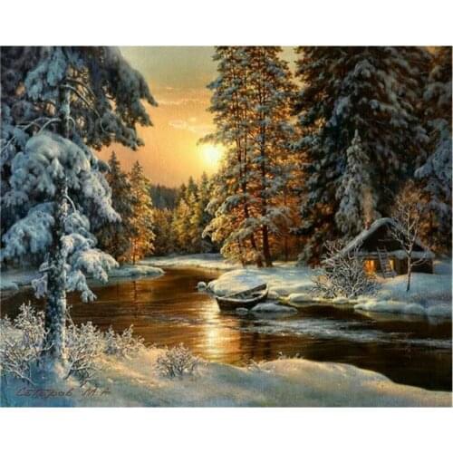 Div Diamond Painting winter sunset landscape round rhinestone mosaic Picture 5D diamond embroidery Cross Stitch snow tree icon