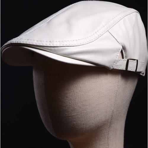 Womens Mens Real Leather Hand Crafted White Peaked Cap army beret Newsboy Hats/caps
