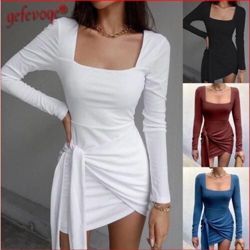 Elegant Sexy Backless Bodycon Basic Dresses for Women 2021 Casual Long Sleeve Bandage Slim Solid Mini Dress Robe Femme Vestidos