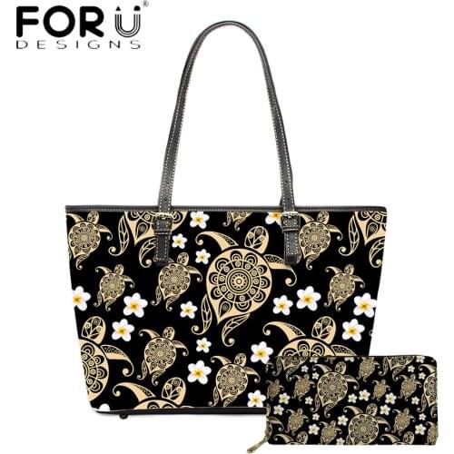 FORUDESIGNS Hawaiian Polynesian Turtle Plumeria Print Women Brand Design Shoulder Bag And Purse Set Luxury Top-Handle Bolsa