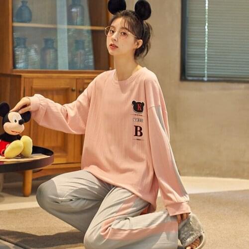Kawaii Pink Long Sleeve Women Pajamas Set Leisure Gray Panelling Sport Home Trousers Autumn Winter Warm Cotton Womens Sleepwear