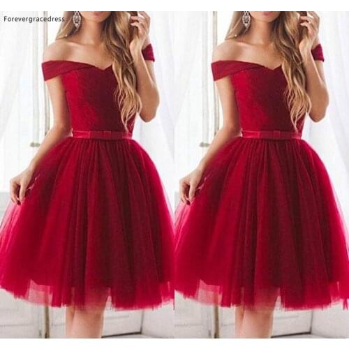 Hot Burgundy Tulle Knee Length Prom Dress Pleats Off Shoulder Holiday Club Wear Homecoming Party Dress Plus Size Custom Make