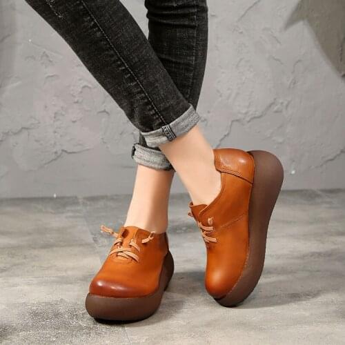 Fashion Spring Ladies Shoes 2021 Vintage Handmade Genuine Leather Women Flat Platform Shoes Comfort Platform Shoes Black