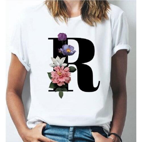 Fashion 2021 Cotton T-shirt 26-letter Womens T-shirt Girl A To Z Monogram Flower Short-sleeved Casual Korean Top