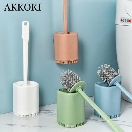 Wall-Mounted Silicone Toilet Brush Punch-Free Bathroom Toilet Brush Set Long Handle No Dead Corner Cleaning Brush
