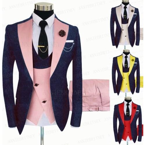 New Pink Jacquard Suit Men 3 Pieces Groom Wedding Tuxedo Slim Fit Prom Party Blazer Suit Jacket Vest Pants Set