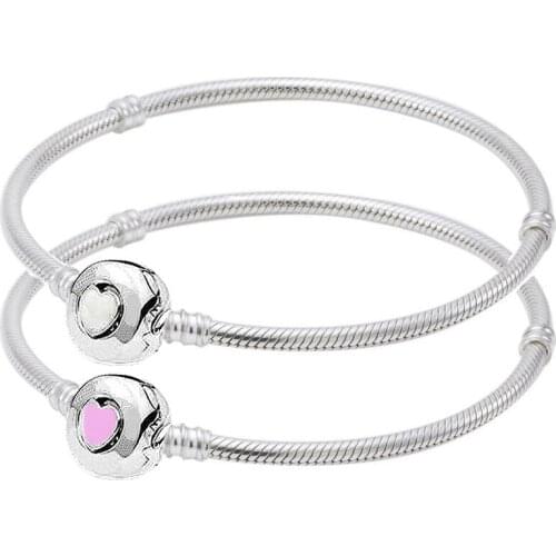 Original Pink Wonderful Love Heart Clasp Snake Chain Bracelet Fit 925 Sterling Silver Bead Charm Bracelet Diy Jewelery