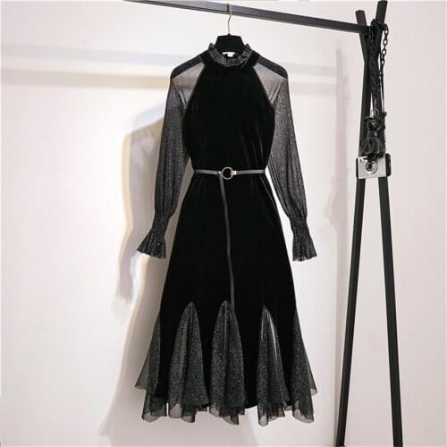 Autumn Winter Women Long Sleeve Gold Velvet Dress Big Size A-line Mesh Patchwork Dress Elegant Lady Black Dresses Vestidos 1128