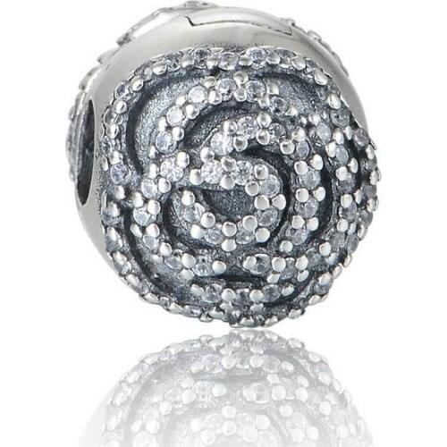 Fit Pandora Bracelet Mothers Day Rose Clip Charm Beads Original 925 Sterling Silver Clear CZ Flower Clip Charm Diy Jewelry