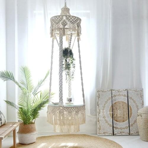 TieHo Hand-woven Hanging Table with Tempered Glass Top Small Round Coffee Table Bohemian Tapestry Side Table Support Weight 30kg