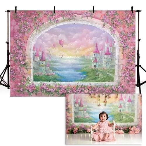 Outside Of Window-Baby Girls Portrait Backgrounds Hand Painted Floral Window Castle Backdrop Girls Art Photography Backdrop
