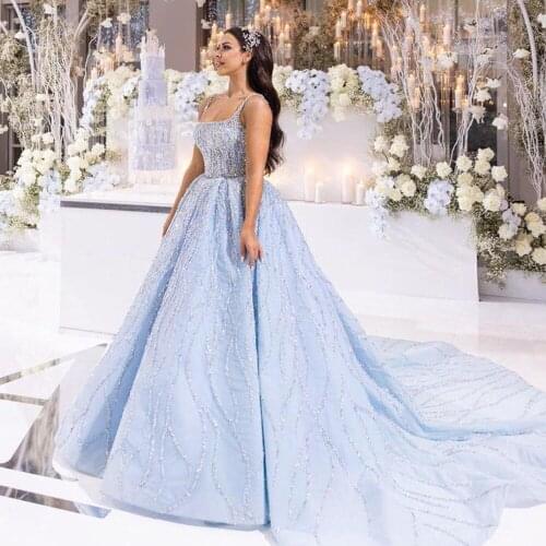 Serene Hill Blue Luxury High-end Wedding Dresses 2021 Beaded Sleeveless Lace Up Bridal Dress HM67331 Custom Made
