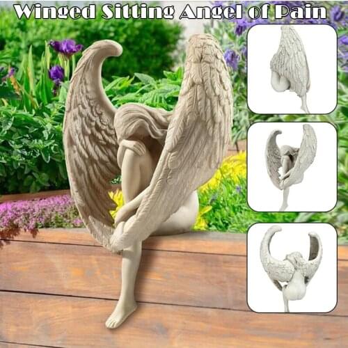 The Anguished Angel Long-Winged Sitting Statue Resin Sorrowful Angel Figure Memorial Gift Cemetery Statues Crying Angel C1
