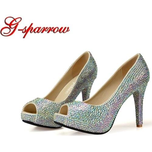 2018 Handmade Full Rhinestone Bridal Wedding Shoes Peep Toe AB Crystal Banquet Shoes Fairy Tale Evening Dress Heels Fashion Show
