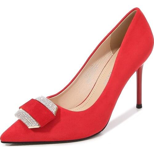 Size 35-45 46 Pointed Toe Zapatos mujer Flock 9cm Thin Heels Woman shoes Wedding Stiletto Square buckle Shoes Womon Pumps