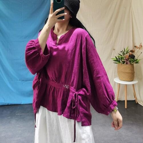 Women Autumn Linen Embroidered Bat Sleeve Blouse Ladies Loose Solid Color Flax Shirt Tops Female 2020 Shirts