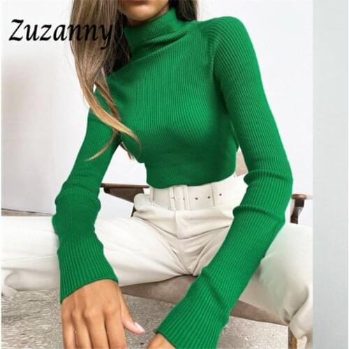 Zuzanny Green Ribber Knitted Turtleneck Tops Women Skinny Autumn Winter Clothing Basic Slim Tees Long Sleeve Casual T Shirt