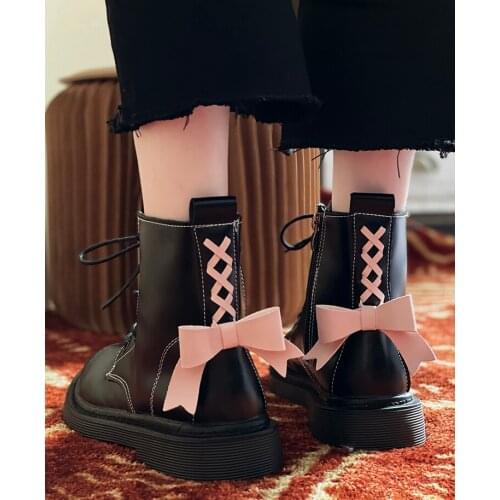 New Women Pink Bow Boots Woman Student Short Boots British Style Thick Bottom Plus Velvet All-match Single Boots Chunky Boots