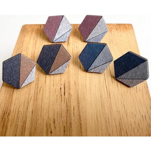Three Tone Geometric Hexagon Wood Stud Earrings for Women Fashion Creative Natural Wood Statement Earrings Jewelry Wholesale