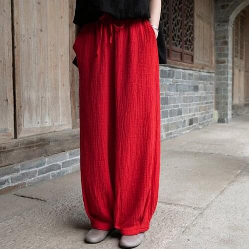 FairyNatural Ladies 2021 Summer Casual Harem Pants Elastic Waist Women Lace Up Loose Vintage Cotton Linen Long Trouser